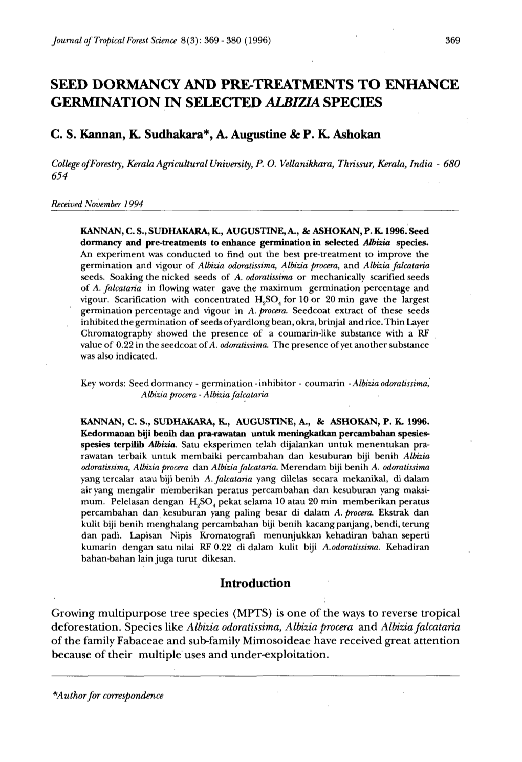 Seed Dormancy and Pre-Treatments to Enhance Germinatio Selectenn I D Albizia Species