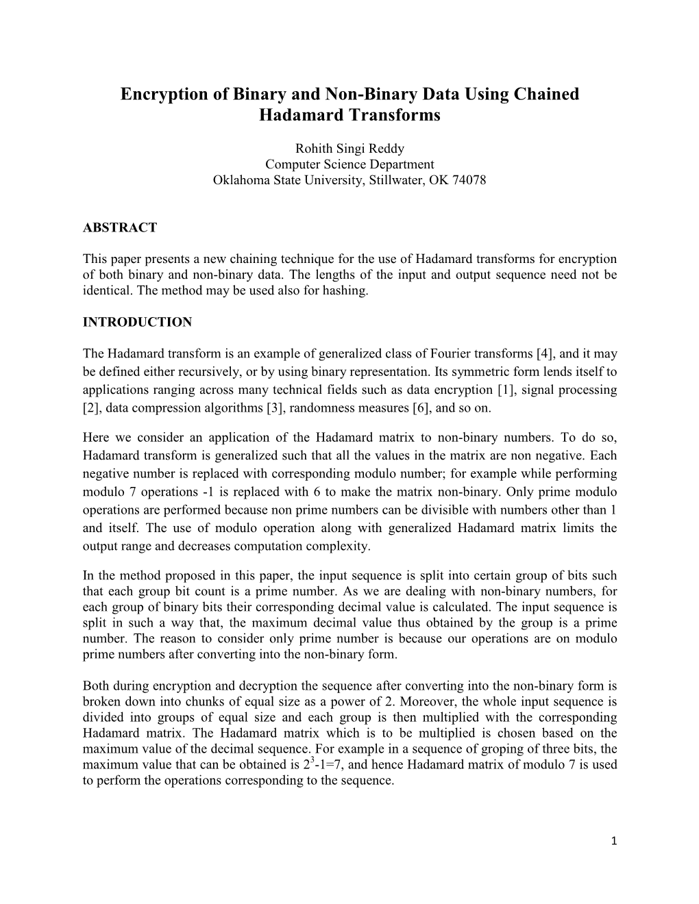 Encryption of Binary and Non-Binary Data Using Chained Hadamard Transforms