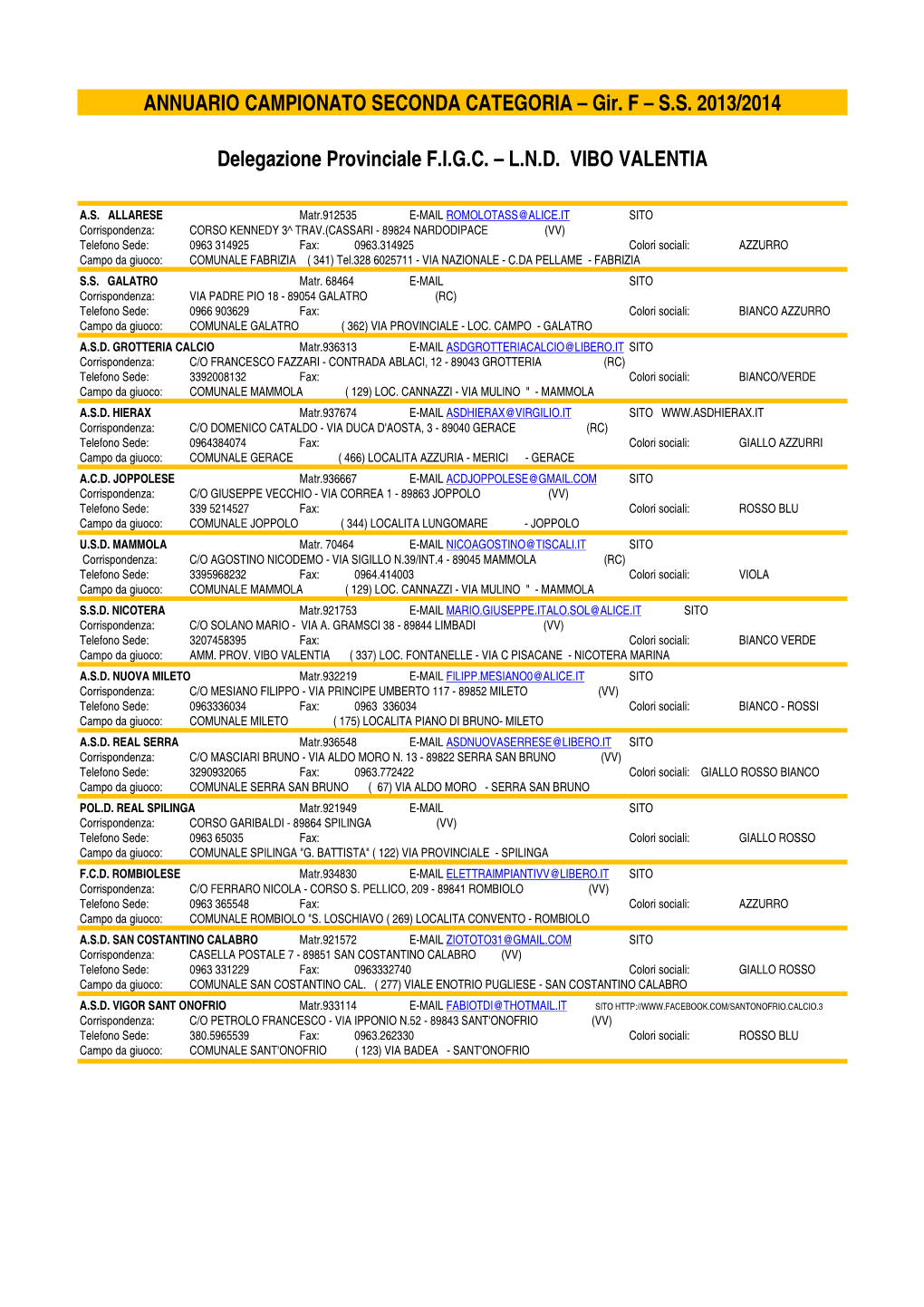 ANNUARIO CAMPIONATO SECONDA CATEGORIA – Gir. F – S.S