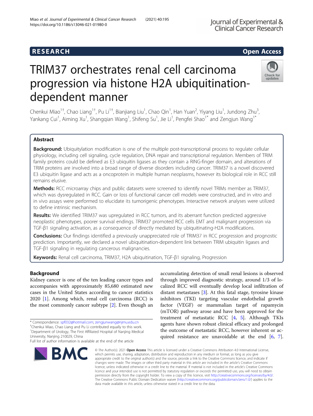 TRIM37 Orchestrates Renal Cell Carcinoma Progression Via Histone