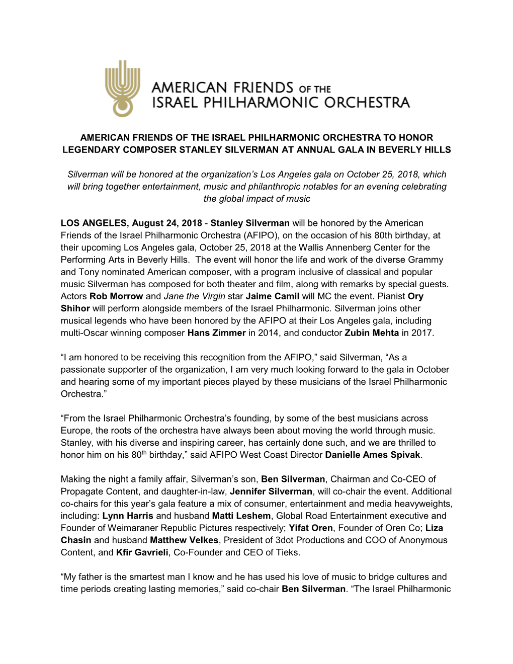 American Friends of the Israel Philharmonic Orchestra to Honor Legendary Composer Stanley Silverman at Annual Gala in Beverly Hills