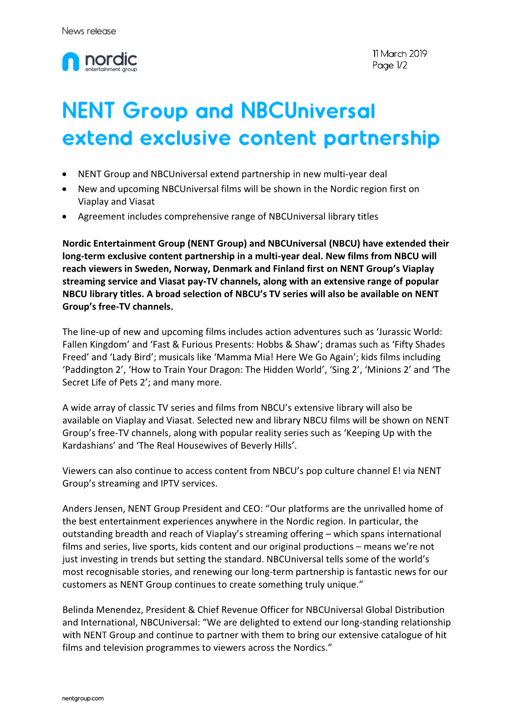 • NENT Group and Nbcuniversal Extend Partnership in New Multi