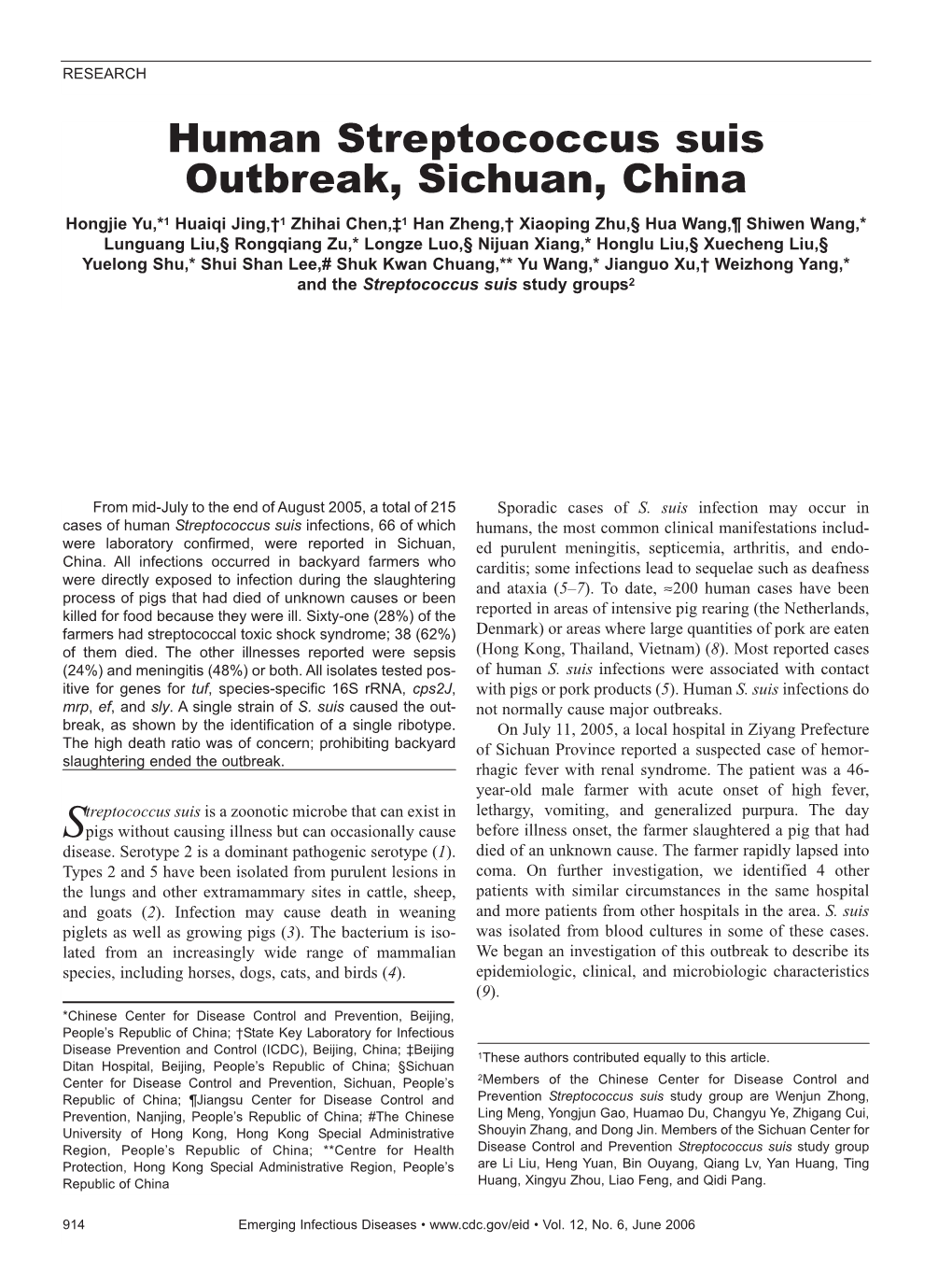 Human Streptococcus Suis Outbreak, Sichuan, China