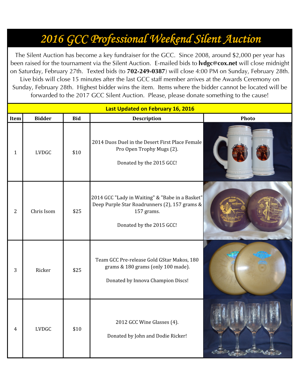 2016 GCC Professional Weekend Silent Auction