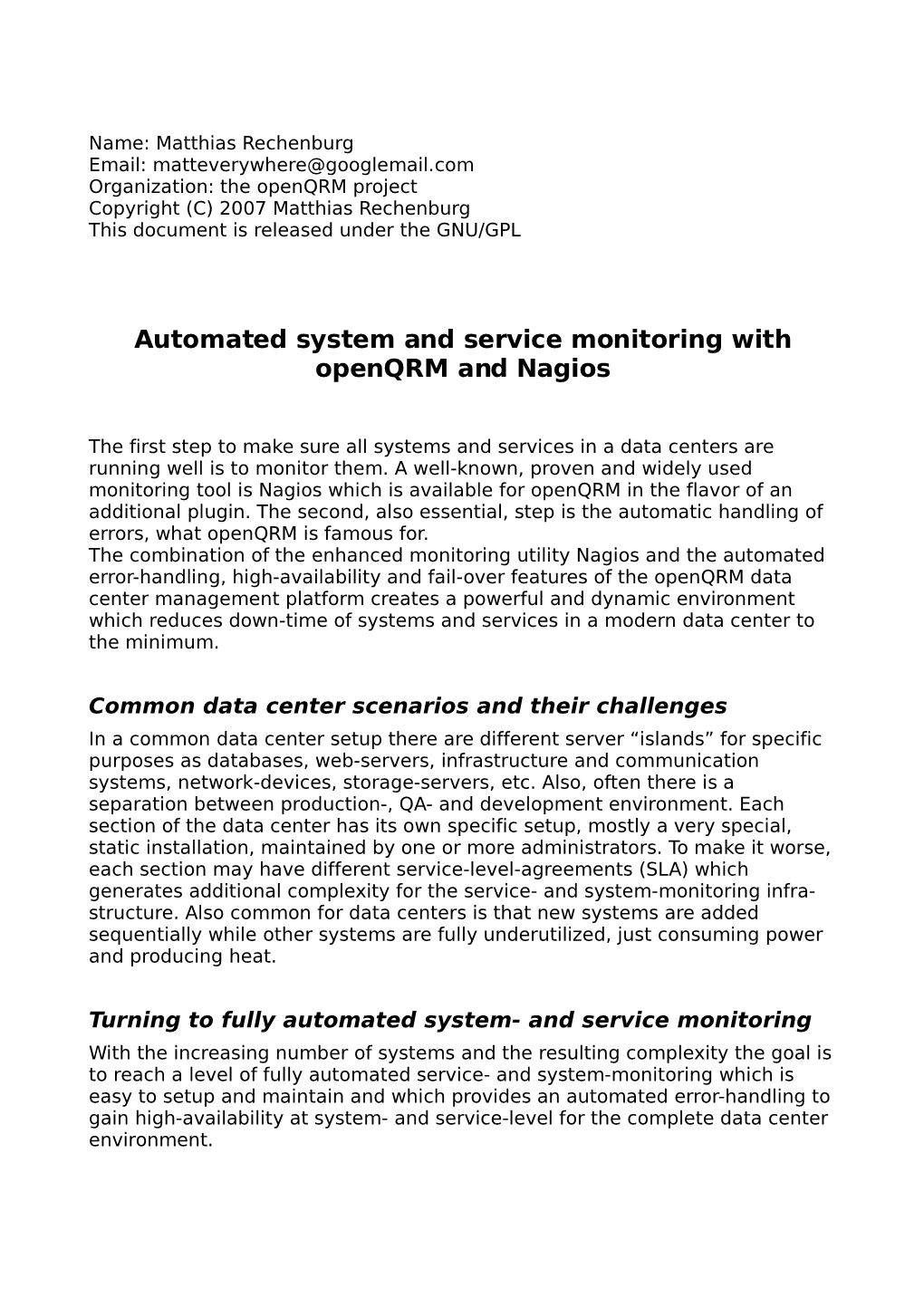 Automated System and Service Monitoring with Openqrm and Nagios