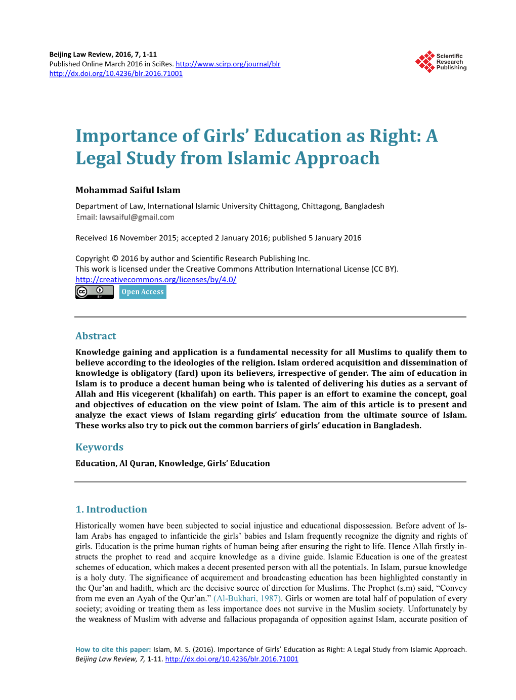 Importance of Girls' Education As Right: a Legal Study from Islamic