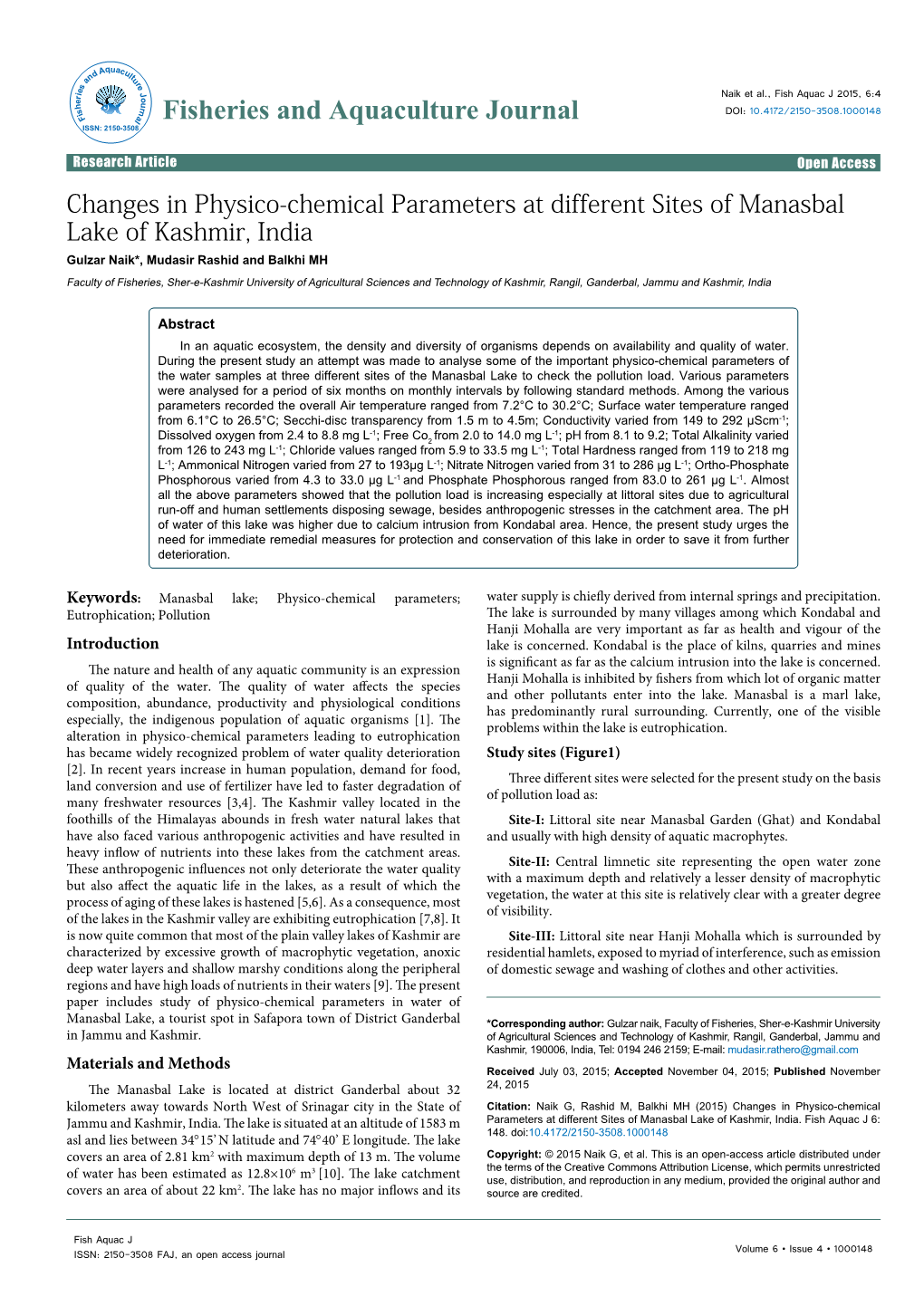 Changes in Physico-Chemical Parameters at Different Sites Of