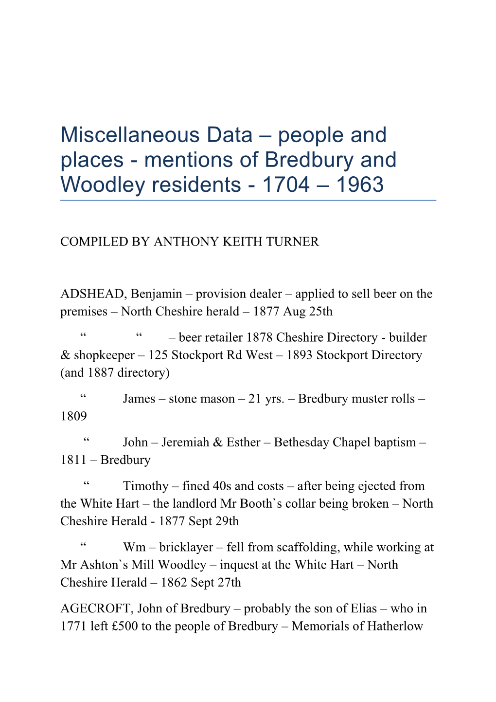 Mentions of Bredbury and Woodley Residents - 1704 – 1963