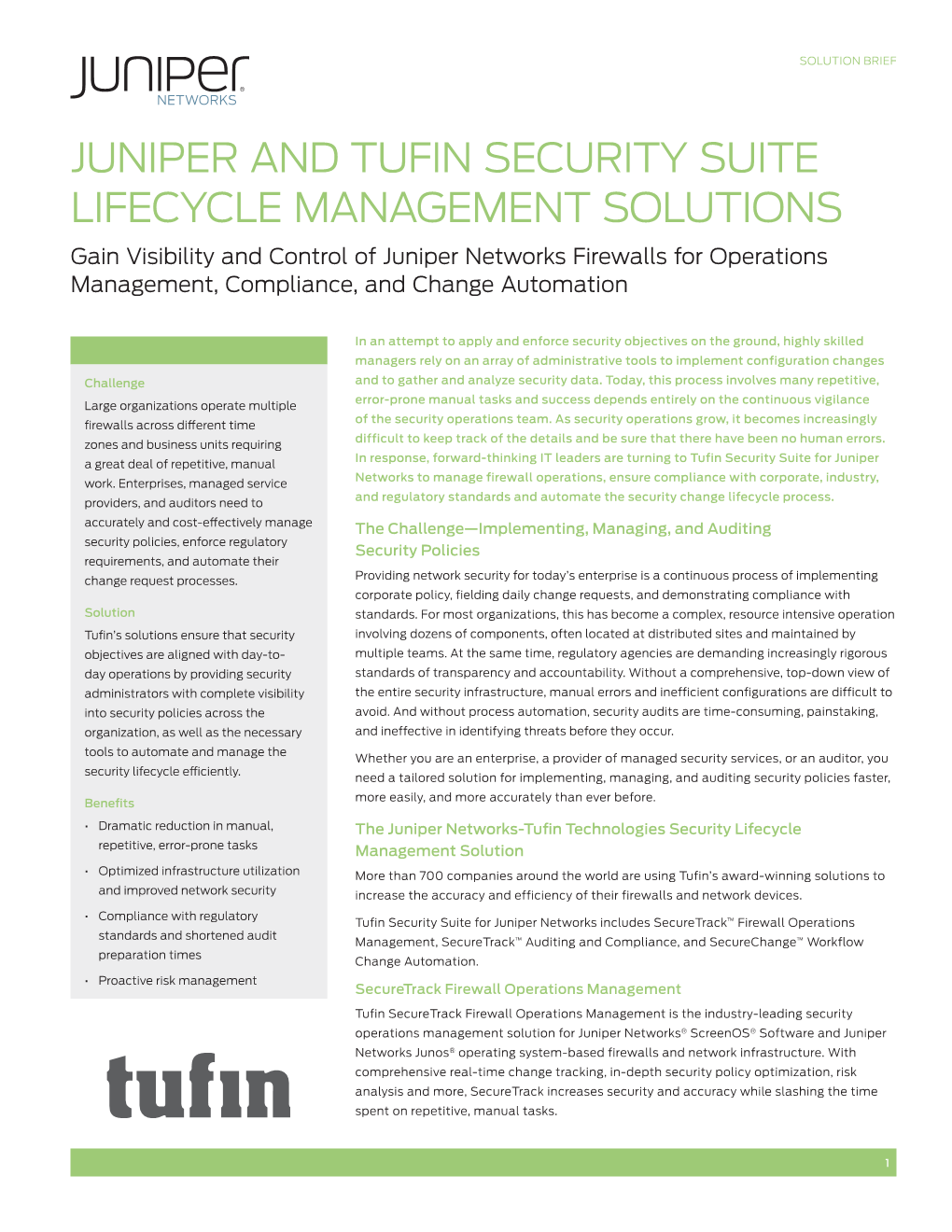 Juniper and Tufin Security Suite Lifecycle Management Solutions
