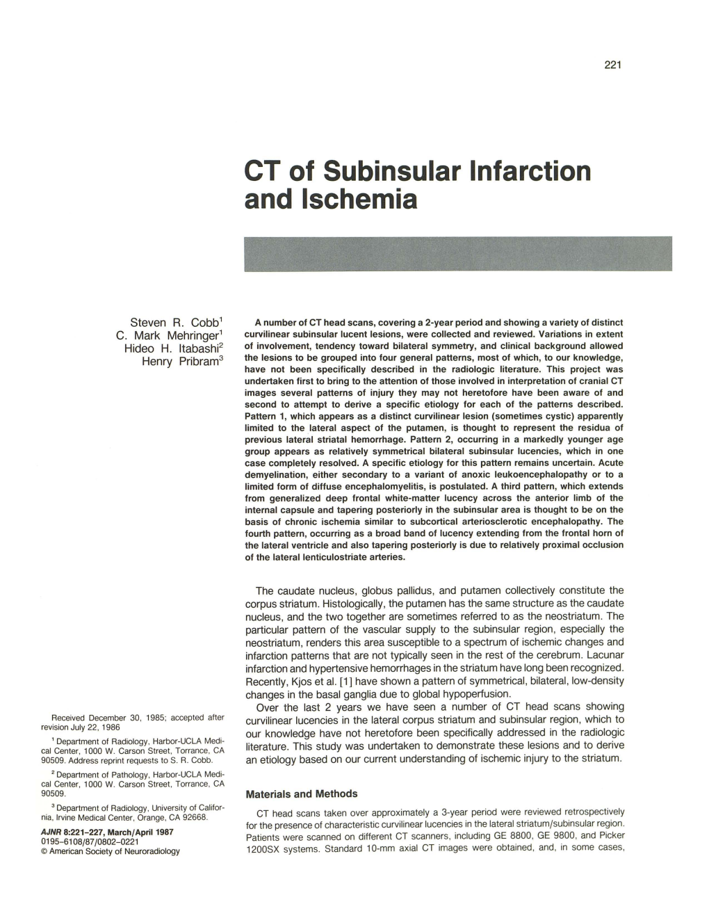 CT of Subinsular Infarction and Ischemia