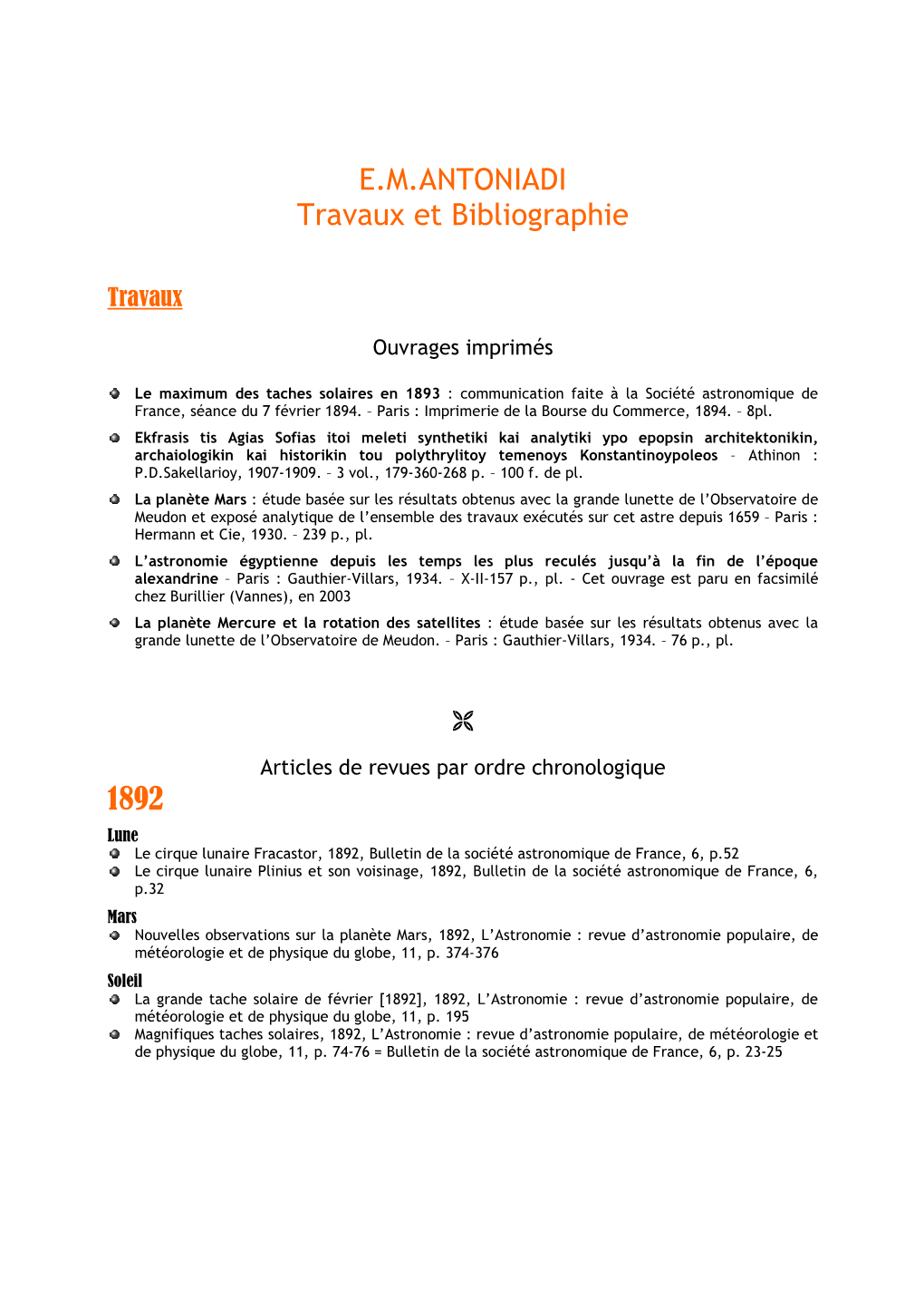 E.M.ANTONIADI Travaux Et Bibliographie 1892