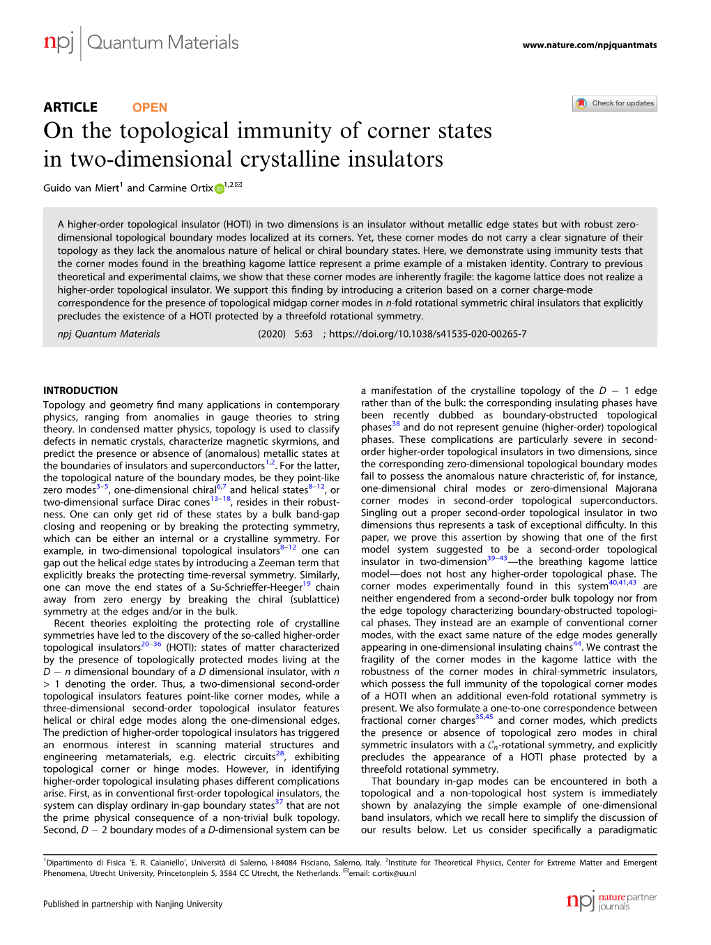 On the Topological Immunity of Corner States in Two-Dimensional Crystalline Insulators ✉ Guido Van Miert1 and Carmine Ortix 1,2