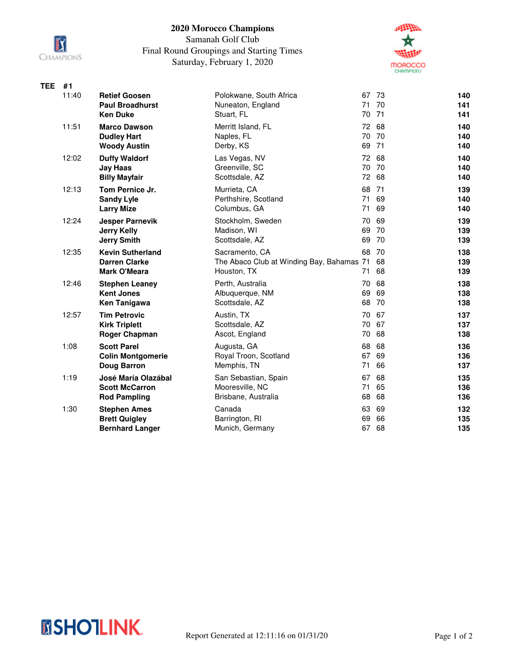 2020 Morocco Champions Samanah Golf Club Final Round Groupings and Starting Times Saturday, February 1, 2020