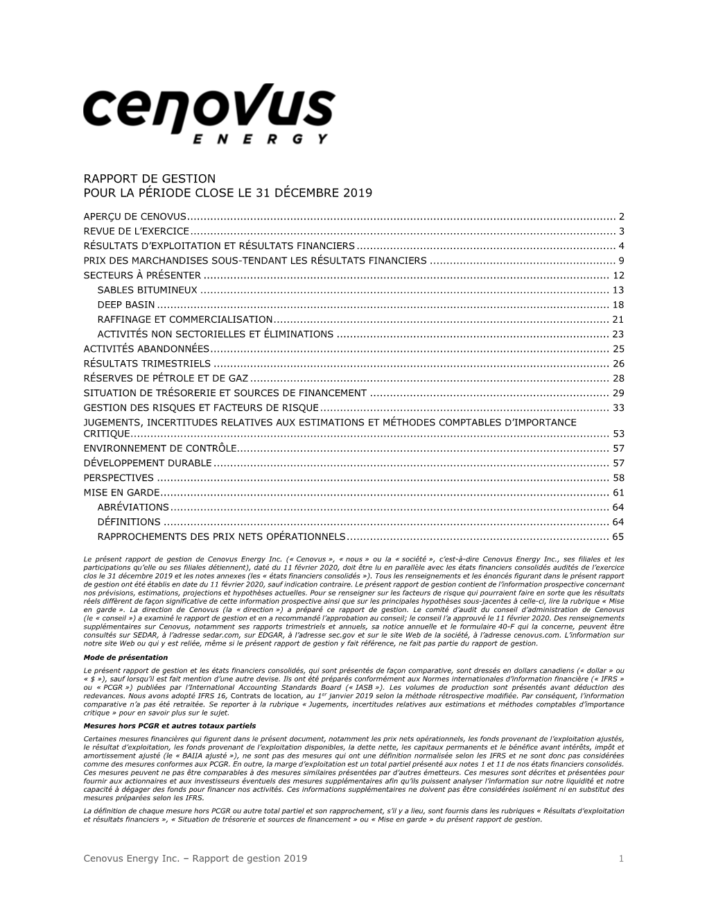 Rapport De Gestion Pour La Période Close Le 31 Décembre 2019