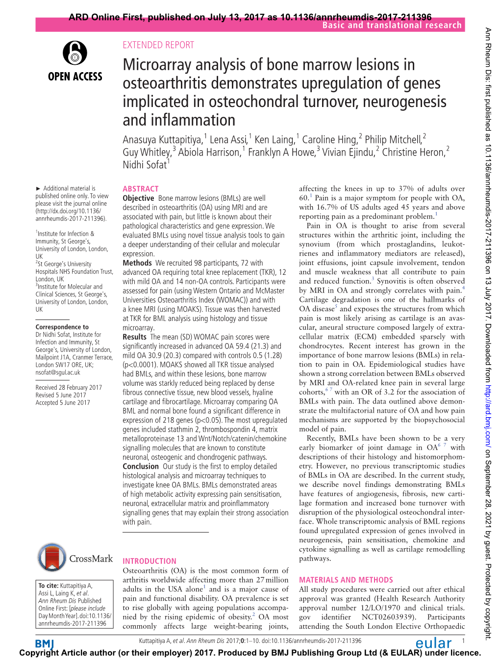 Microarray Analysis of Bone Marrow Lesions in Osteoarthritis