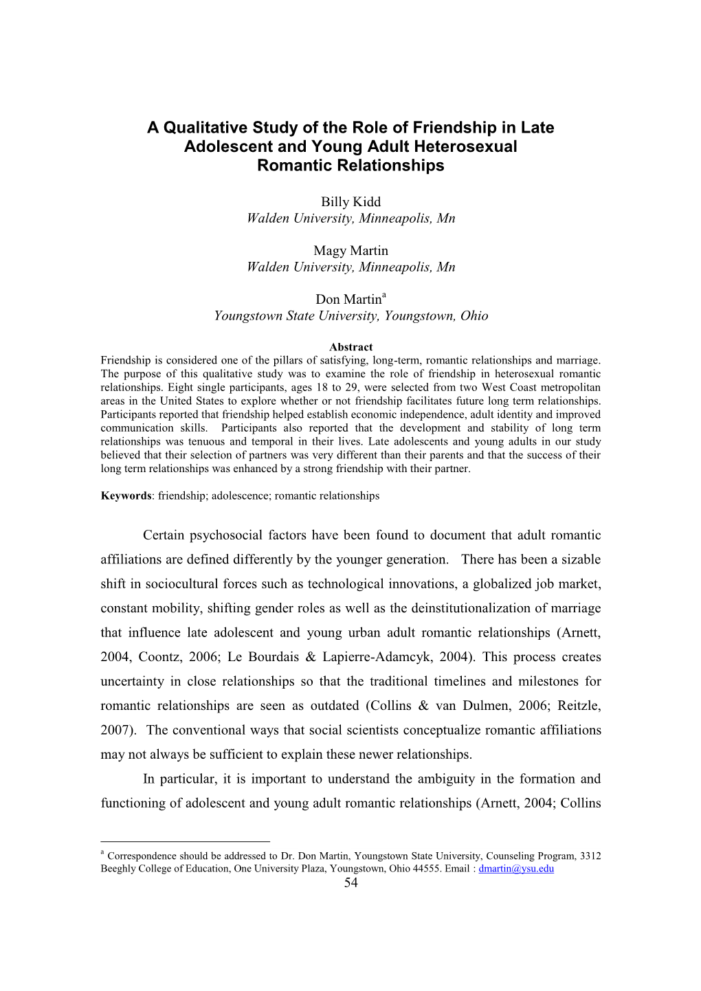 A Qualitative Study of the Role of Friendship in Late Adolescent and Young Adult Heterosexual Romantic Relationships