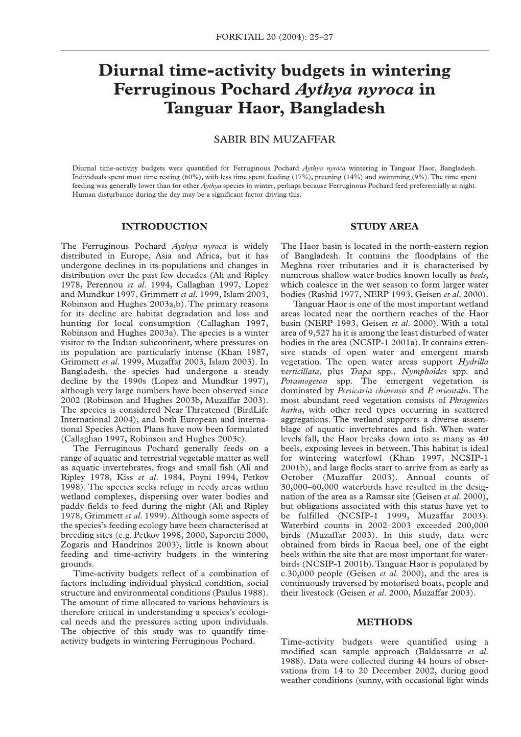 Diurnal Time-Activity Budgets in Wintering Ferruginous Pochard Aythya Nyroca in Tanguar Haor, Bangladesh