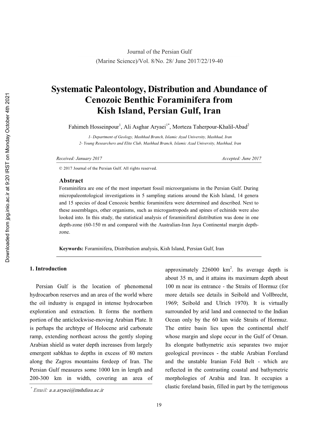 Systematic Paleontology, Distribution and Abundance of Cenozoic Benthic Foraminifera from Kish Island, Persian Gulf, Iran