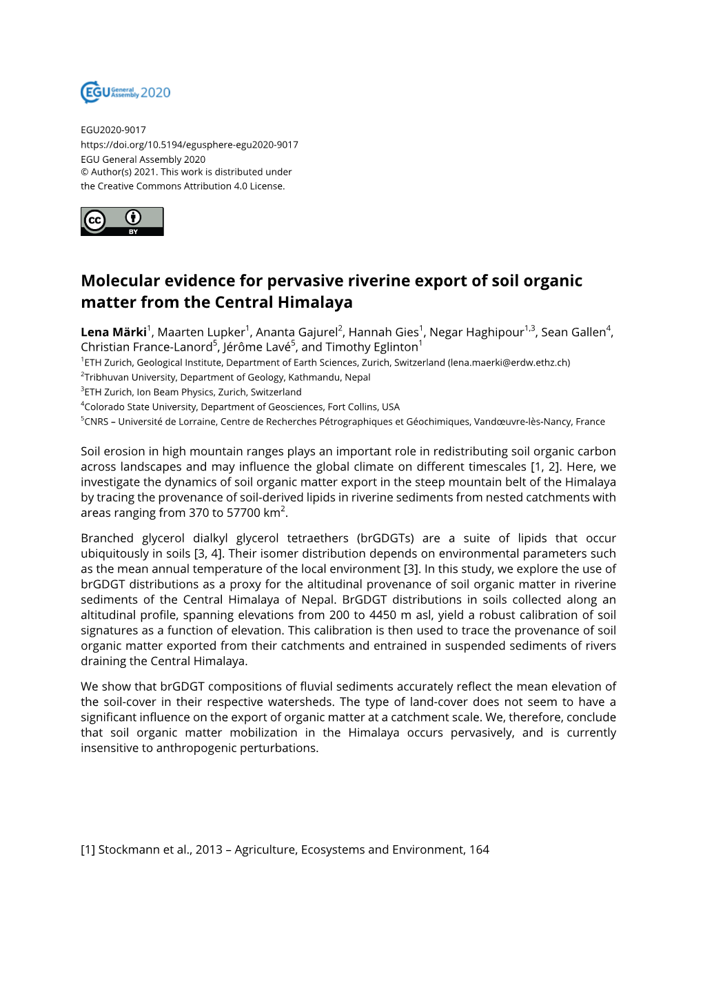 Molecular Evidence for Pervasive Riverine Export of Soil Organic Matter from the Central Himalaya