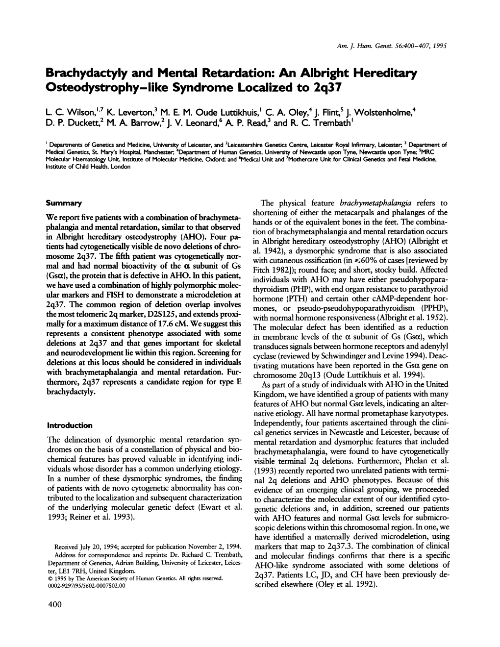 Osteodystrophy-Like Syndrome Localized to 2Q37