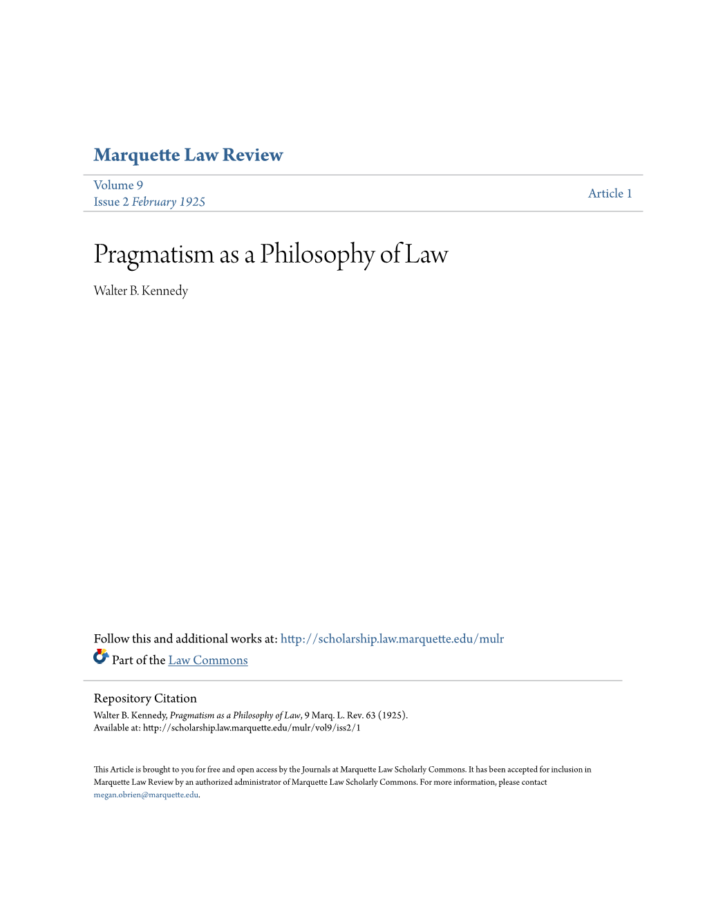 Pragmatism As a Philosophy of Law Walter B