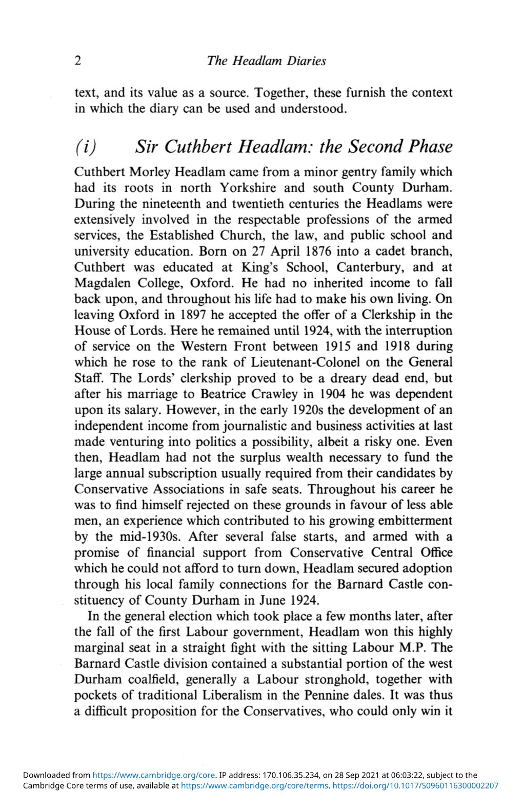 (I) Sir Cuthbert Headlam: the Second Phase Cuthbert Morley Headlam Came from a Minor Gentry Family Which Had Its Roots in North Yorkshire and South County Durham