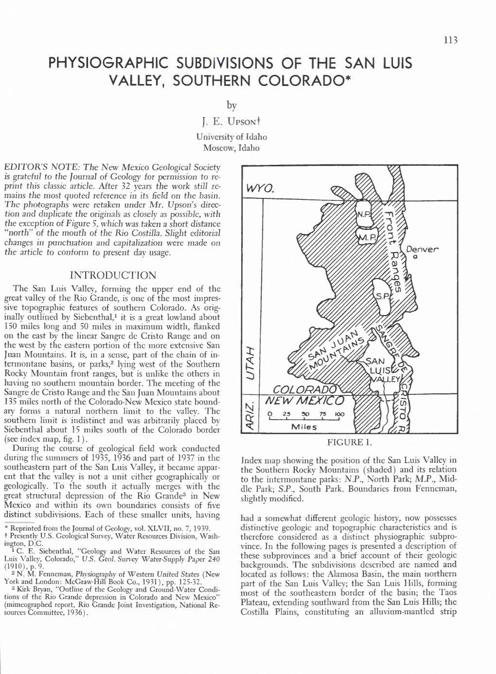 Physiographic Subdivisions of the San Luis Valley, Southern Colorado