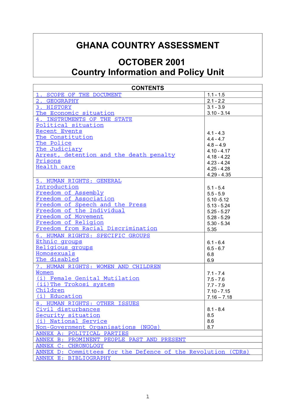 GHANA COUNTRY ASSESSMENT OCTOBER 2001 Country