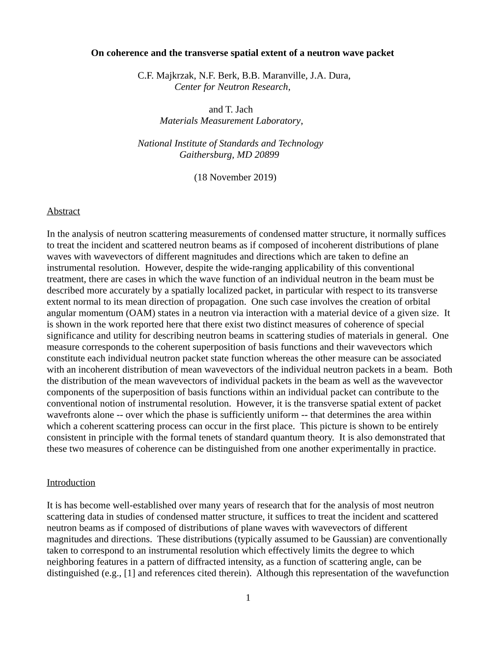 On Coherence and the Transverse Spatial Extent of a Neutron Wave Packet