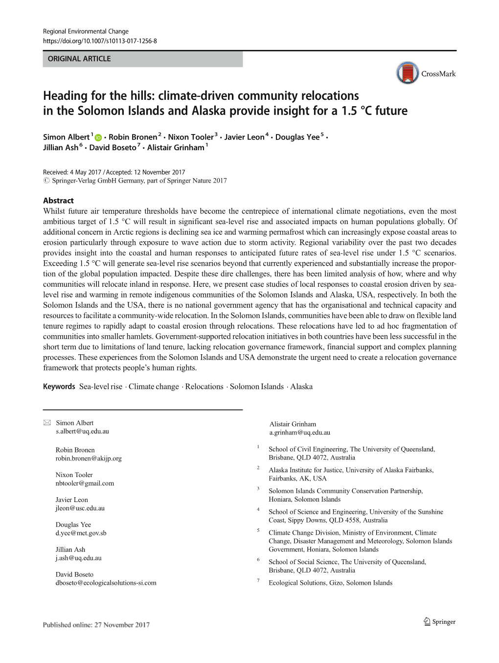 Climate-Driven Community Relocations in the Solomon Islands and Alaska Provide Insight for a 1.5 °C Future