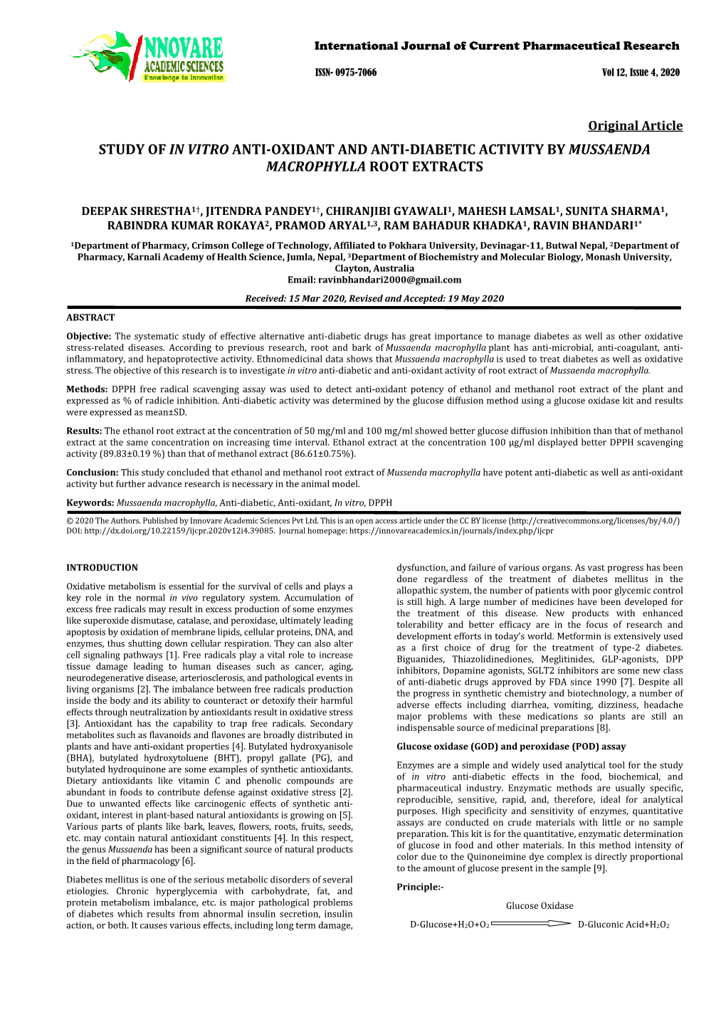 Study of in Vitro Anti-Oxidant and Anti-Diabetic Activity by Mussaenda Macrophylla Root Extracts