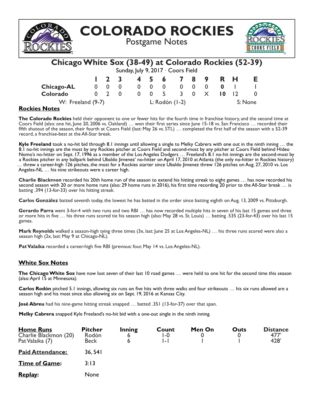 COLORADO ROCKIES Postgame Notes