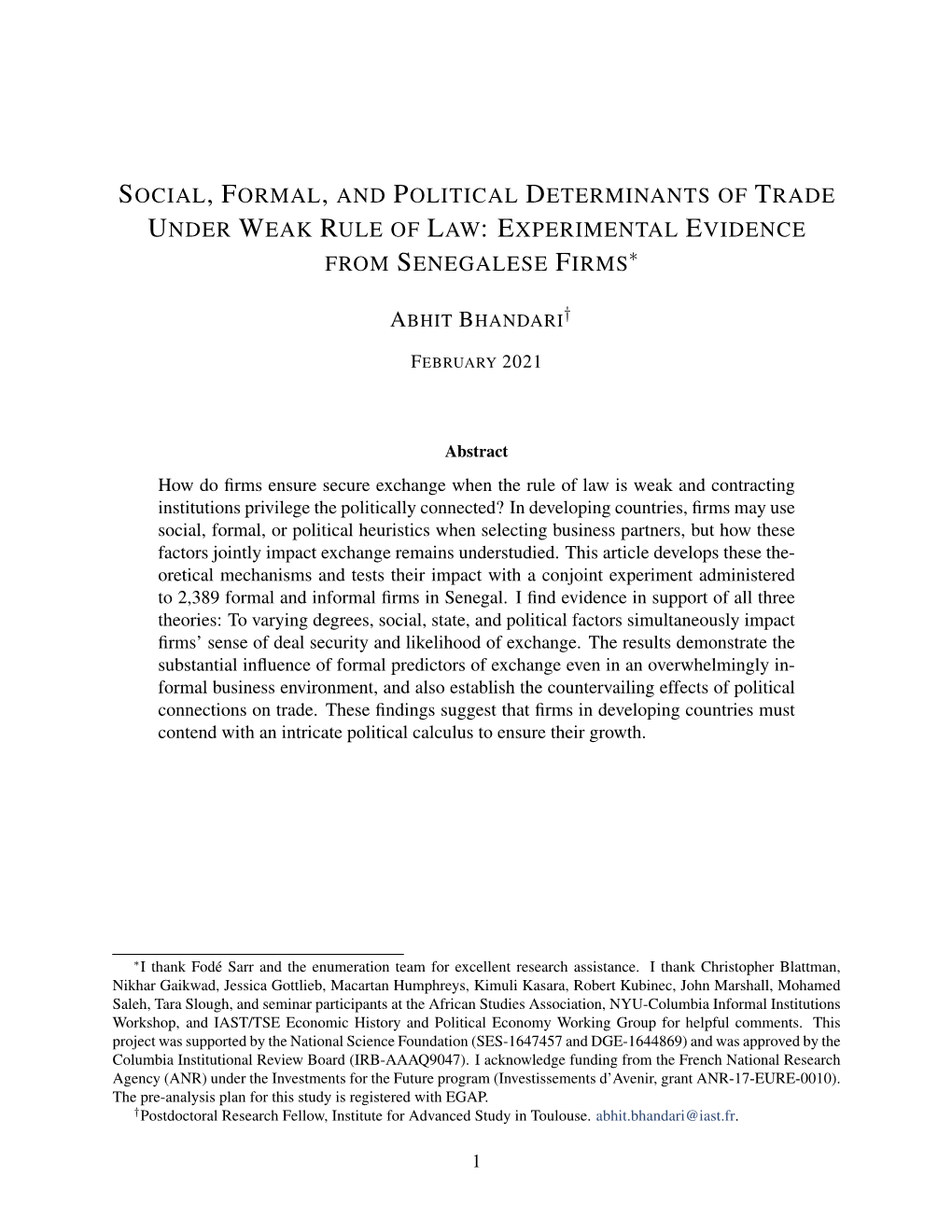 Social, Formal, and Political Determinants of Trade Under Weak Rule of Law: Experimental Evidence from Senegalese Firms