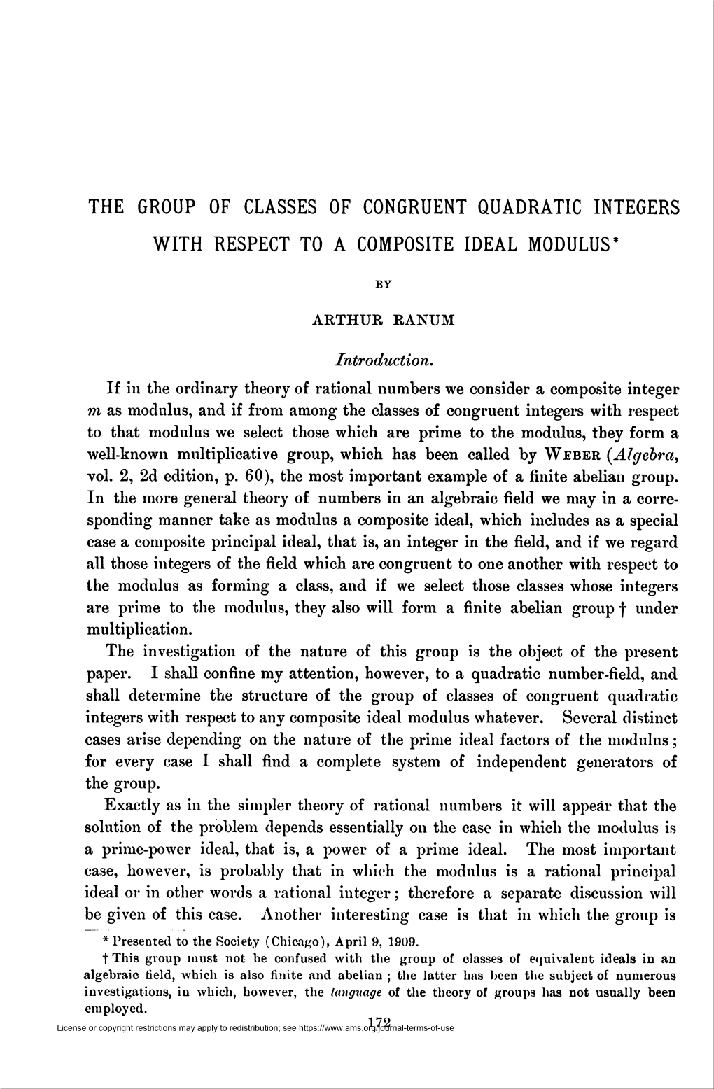 The Group of Classes of Congruent Quadratic Integers with Respect to Any Composite Ideal Modulus Whatever