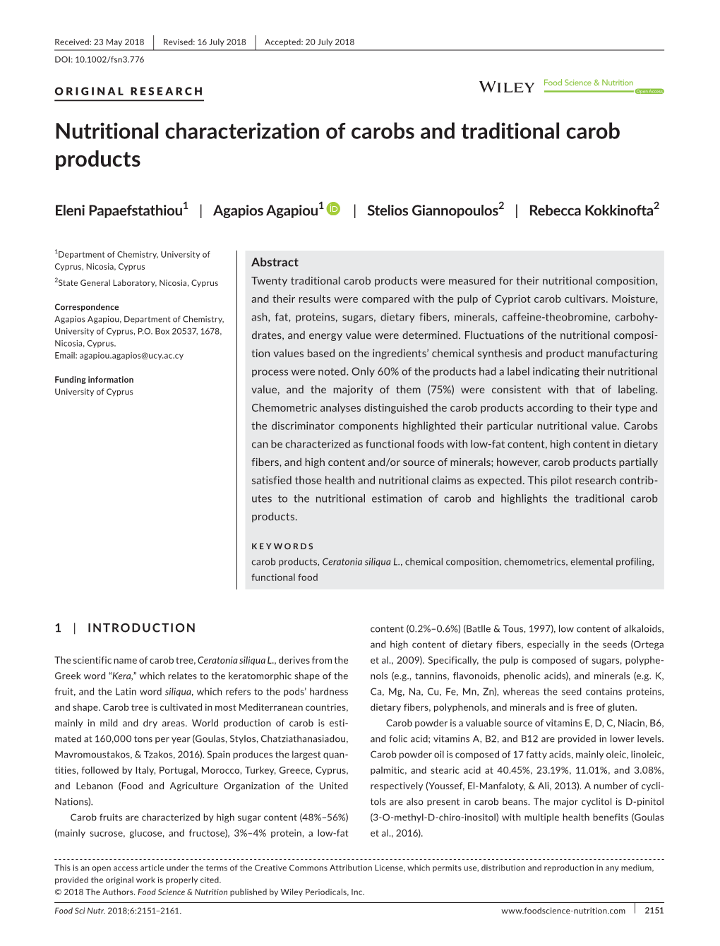 Nutritional Characterization of Carobs and Traditional Carob Products