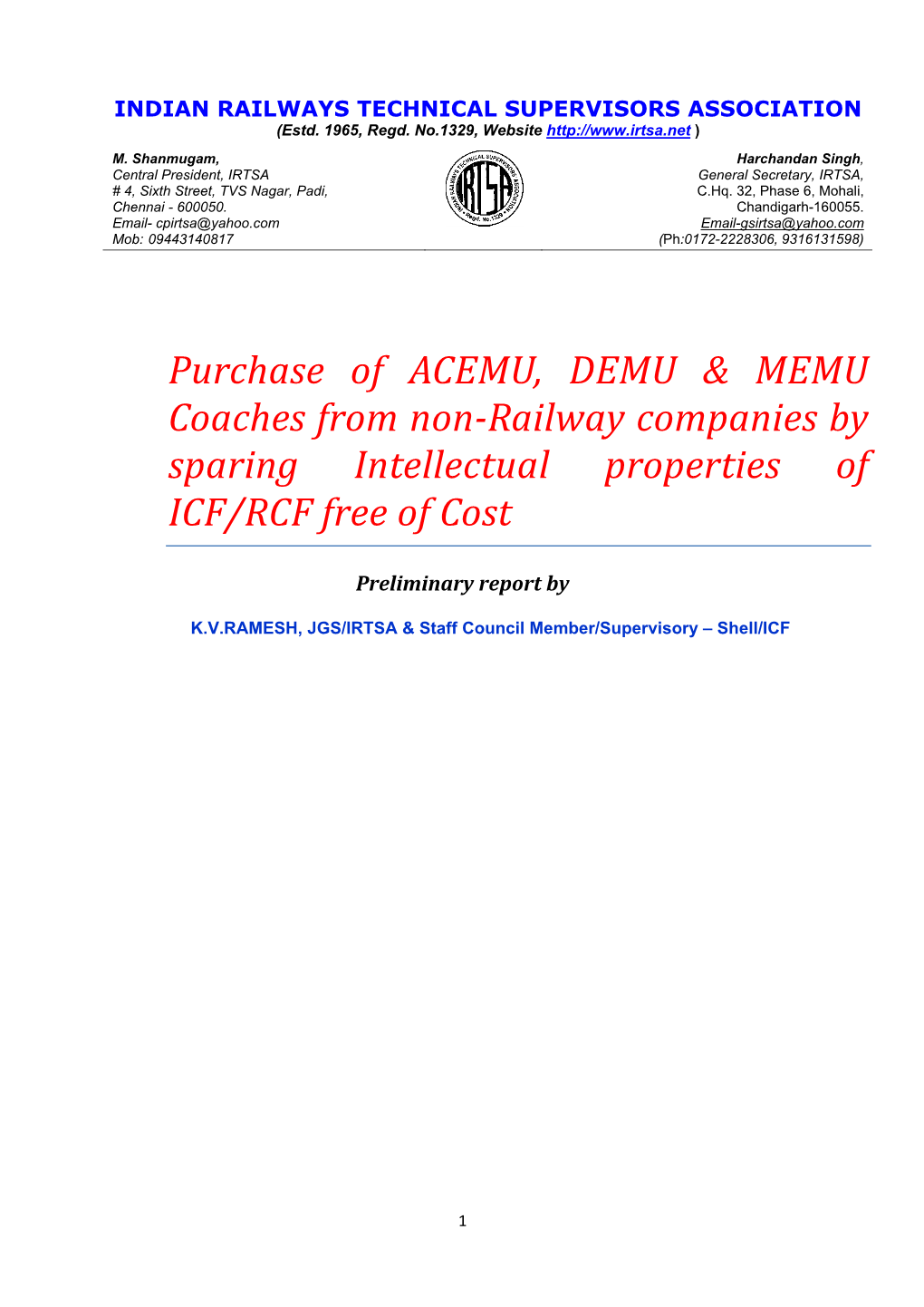 Purchase of ACEMU, DEMU & MEMU Coaches from Non-Railway