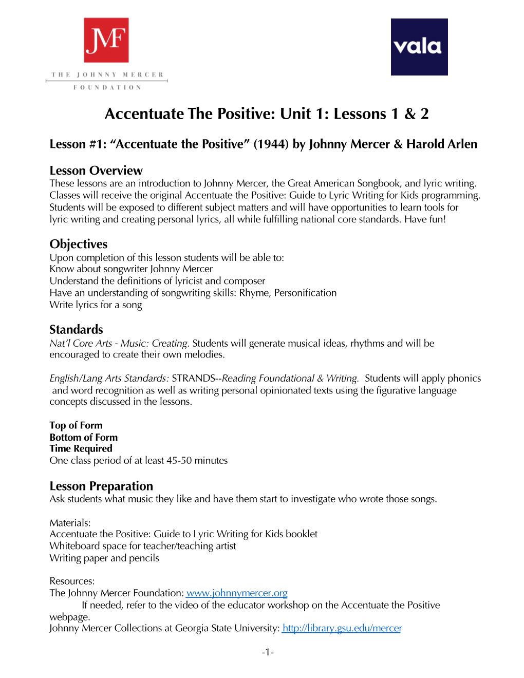 Accentuate the Positive Unit 1 Lesson 1 & 2