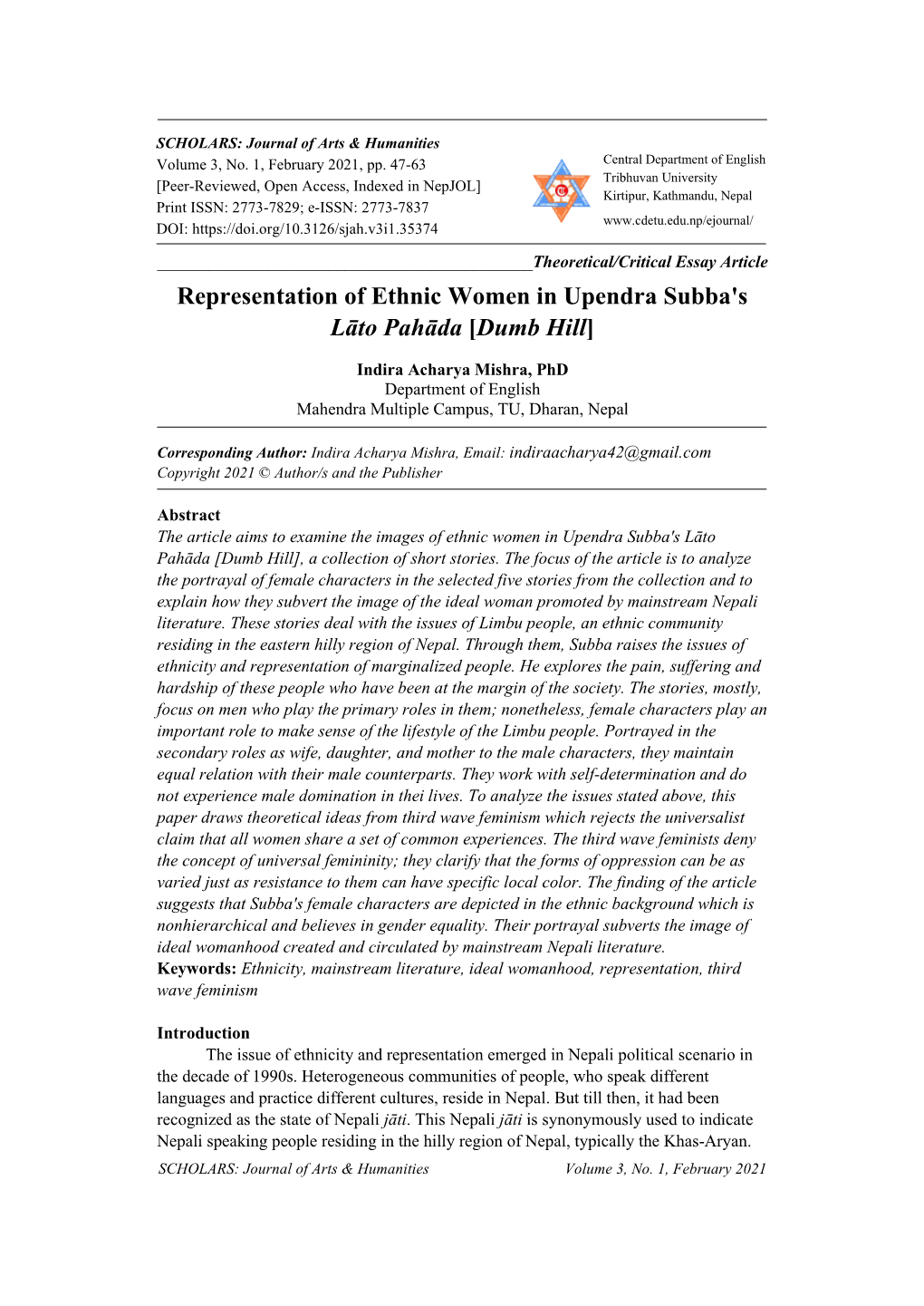 Representation of Ethnic Women in Upendra Subba’S Lāto Pahāda [Dumb Hill] 47 SCHOLARS: Journal of Arts & Humanities Volume 3, No