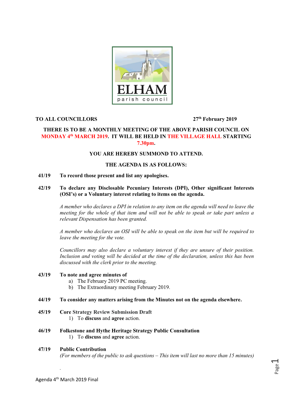 Agenda 4Th March 2019 Final Page to ALL COUNCILLORS 27Th