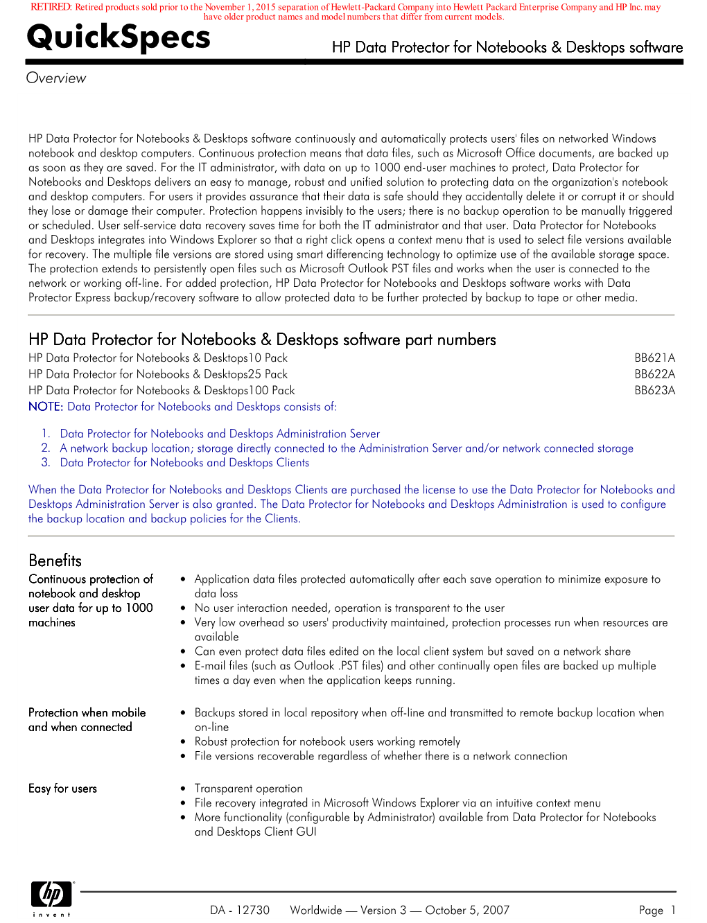 Quickspecs HP Data Protector for Notebooks & Desktops Software Overview