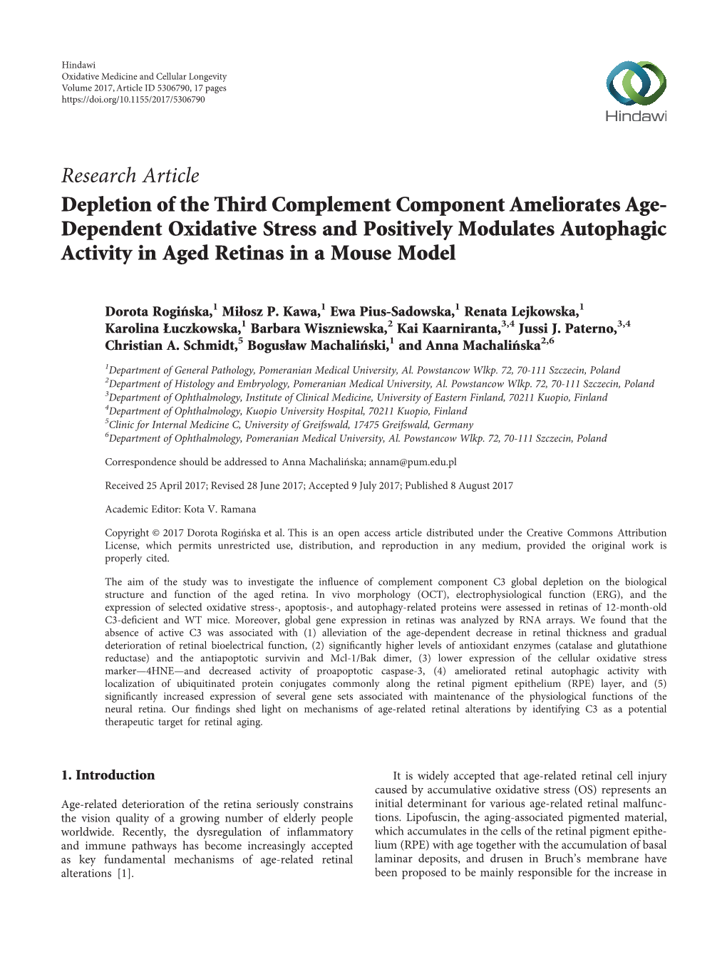 Depletion of the Third Complement Component Ameliorates Age- Dependent Oxidative Stress and Positively Modulates Autophagic Activity in Aged Retinas in a Mouse Model