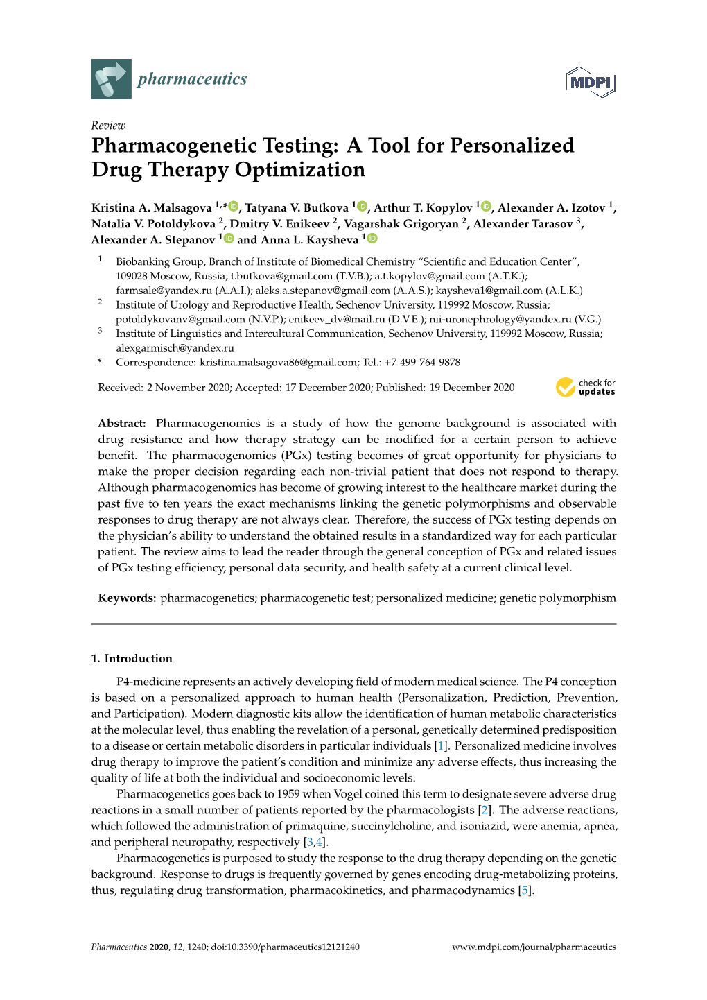 Pharmacogenetic Testing: a Tool for Personalized Drug Therapy Optimization