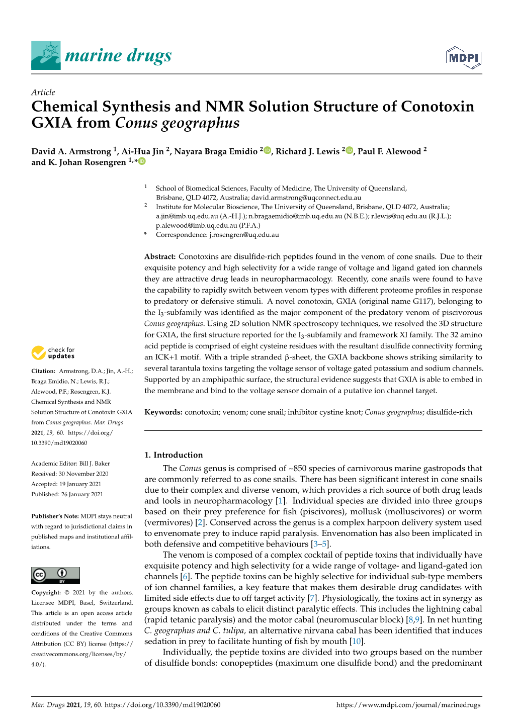 Chemical Synthesis and NMR Solution Structure of Conotoxin GXIA from Conus Geographus