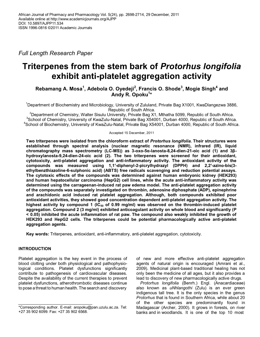 Triterpenes from the Stem Bark of Protorhus Longifolia Exhibit Anti-Platelet Aggregation Activity