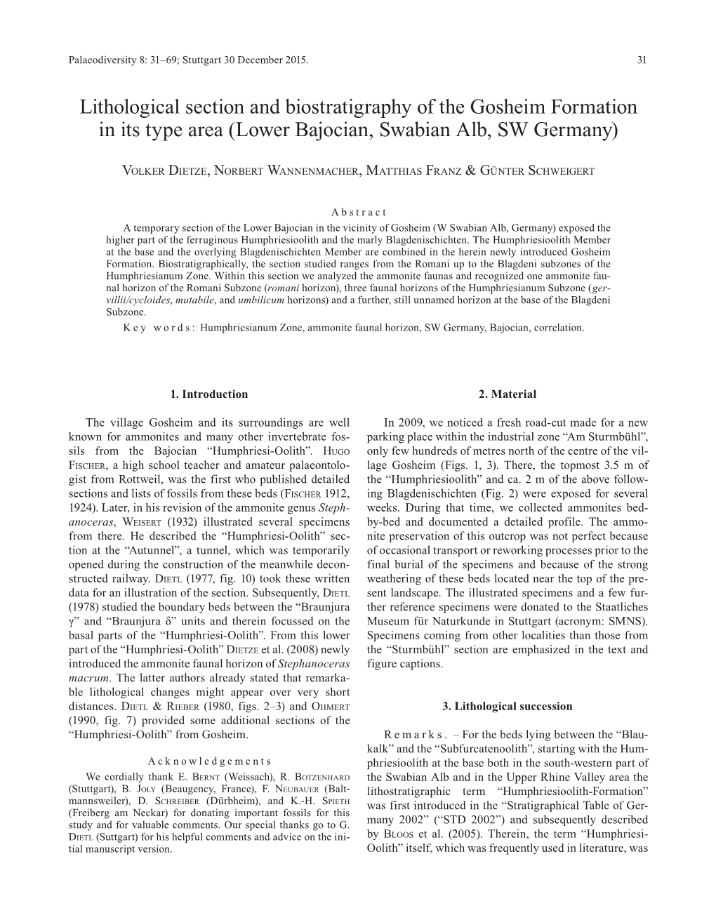 Lithological Section and Biostratigraphy of the Gosheim Formation in Its Type Area (Lower Bajocian, Swabian Alb, SW Germany)