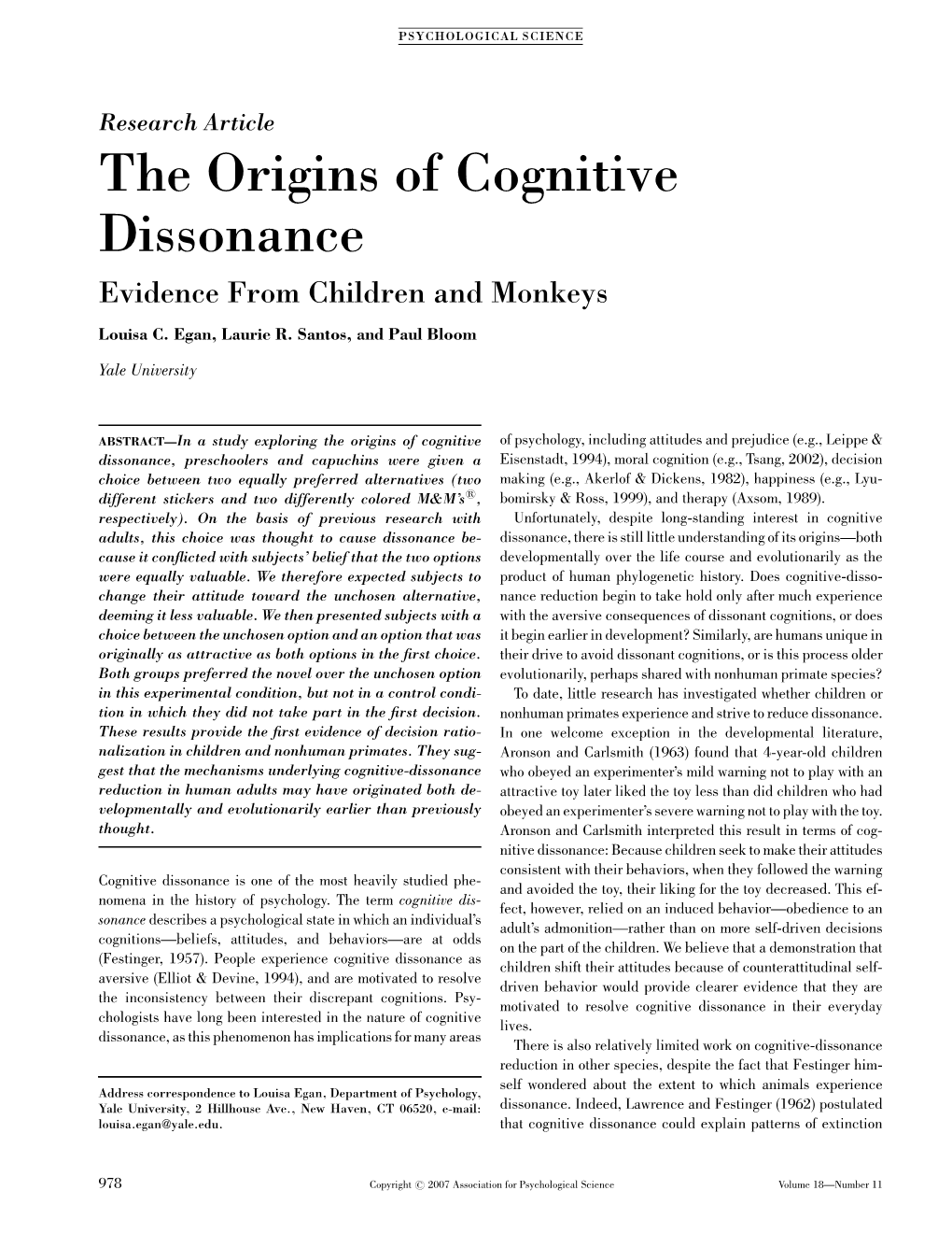 Cognitive Dissonance Evidence from Children and Monkeys Louisa C