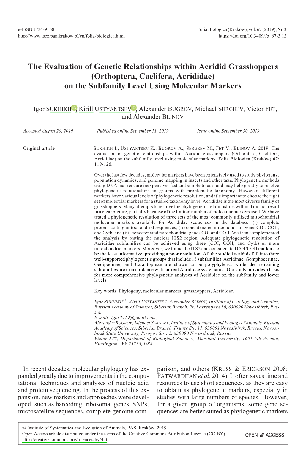 (Orthoptera, Caelifera, Acrididae) on the Subfamily Level Using Molecular Markers