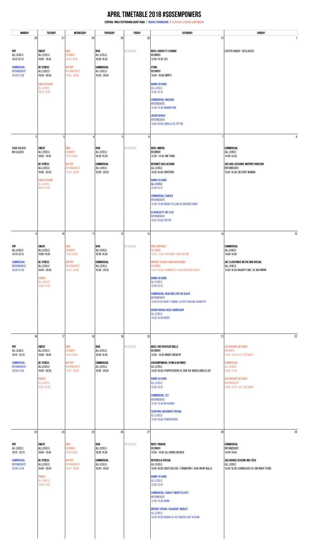 APRIL Timetable 2018 #SOSEMPOWERS Central YMCA TOTTENHAM COURT ROAD | Mob45 Farringdon | Glasshill Studios SOUTHWARK