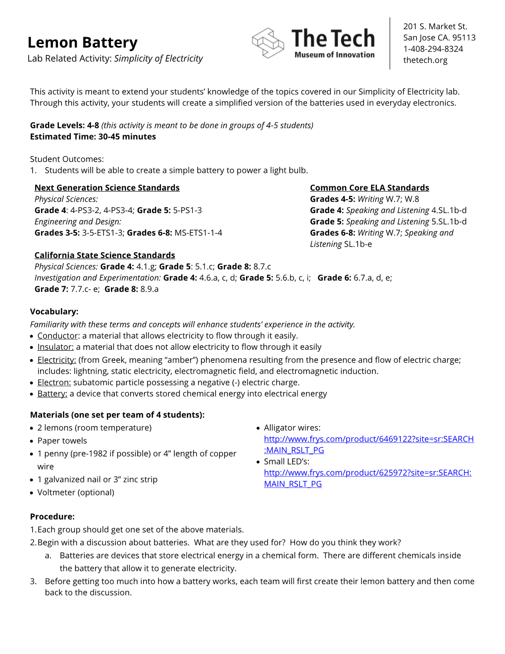 Lemon Battery 1-408-294-8324 Lab Related Activity: Simplicity of Electricity Thetech.Org