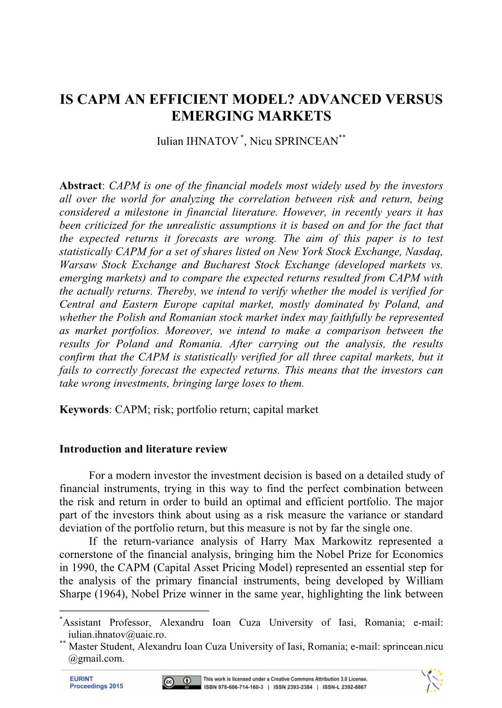 Is Capm an Efficient Model? Advanced Versus Emerging Markets
